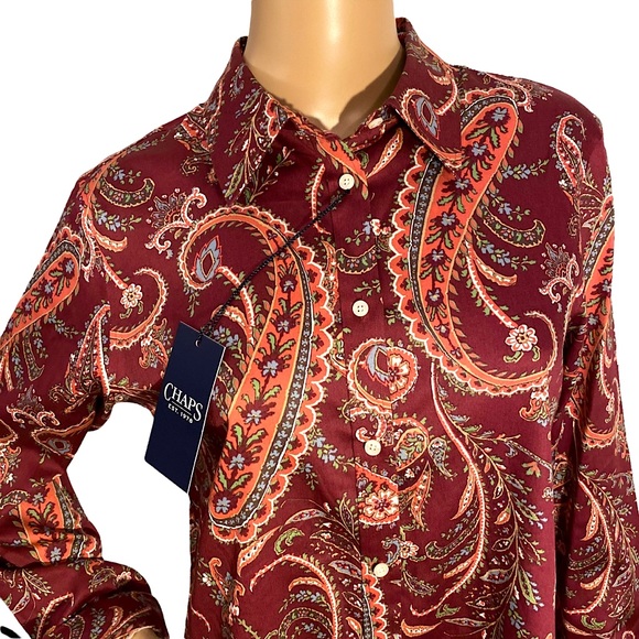 ๐ CHAPS BY RALPH LAUREN | NO IRON WINE MULTICOLOR PAISLEY BUTTON DOWN SHIRT L - Picture 7 of 16